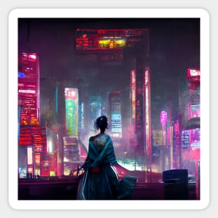 Geisha in a cyberpunk city Sticker